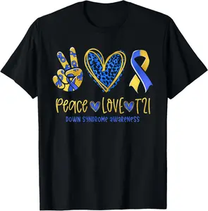 100% Cotton Peace Love T21 Blue Yellow Ribbon Down Syndrome Awareness T-Shirt