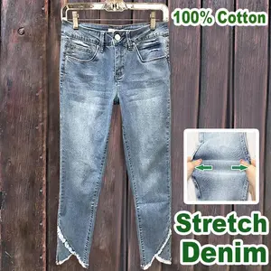 Women's Cotton Casual Irregular Frayed Hem Cropped Jeans in Cotton Denim Unique Design Everyday Wear Streetwear Bottoms Basic straight leg jeans  mom jeans