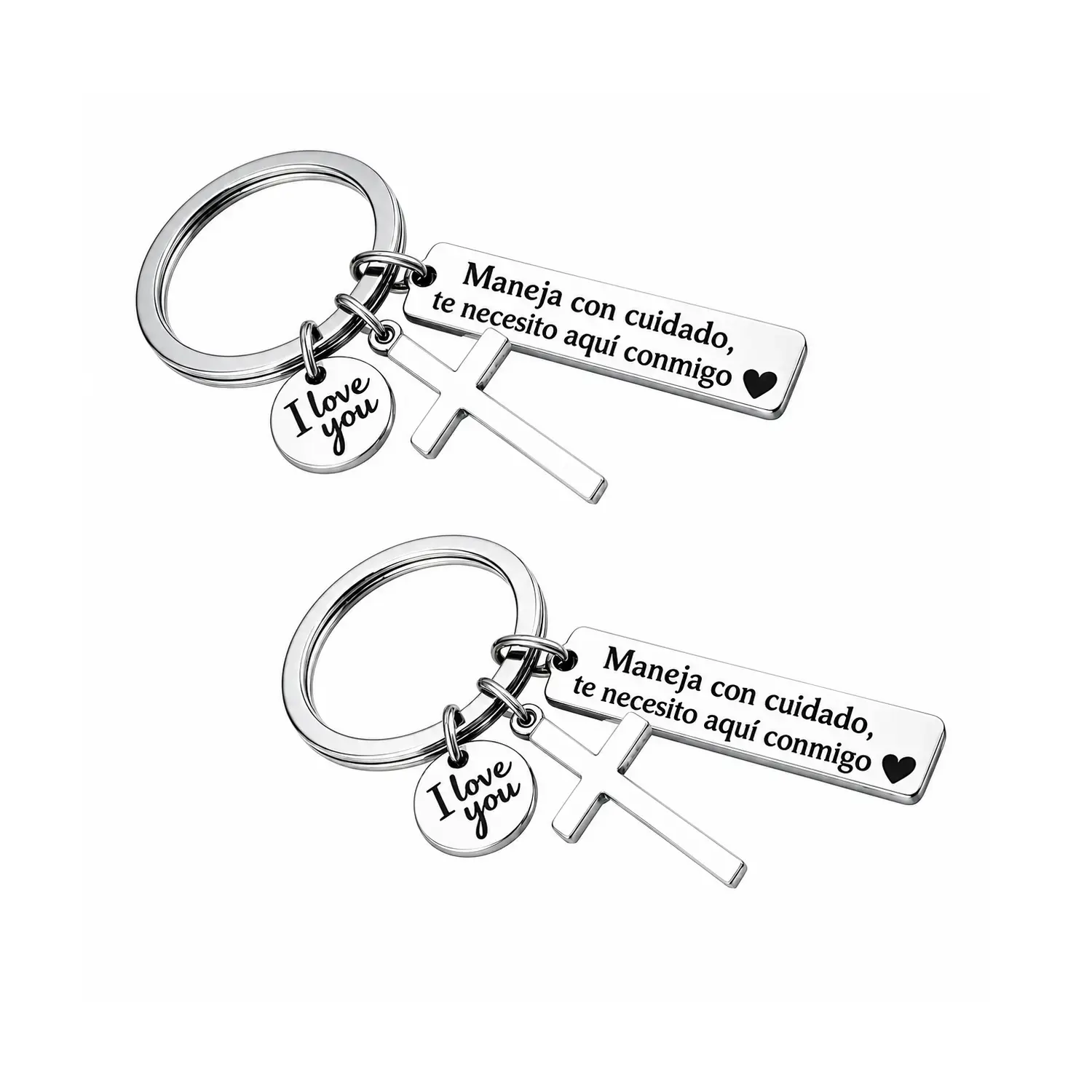Stainless Steel "Maneja Con Cuidado Te Necesito Aquí Conmigo" Keychain with Cross Motif, "I Love You" Letter Charm, Unisex Romantic Religious Gift, Plus Adjustable Heart Rate Couples Bracelet Set & Rotating Retractable Reading Badge Holder, Square Shape,,