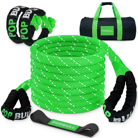 Kinetic Recovery Rope,(1in x 30ft Green) 48000lbs Snatch Strap, Heavy Duty Stretch Nylon Towing Ropes with 2pcs Soft Shackles for Offroad Vehicle, Jeep, SUV, ATV, Tractor Elastic Ropes Kit