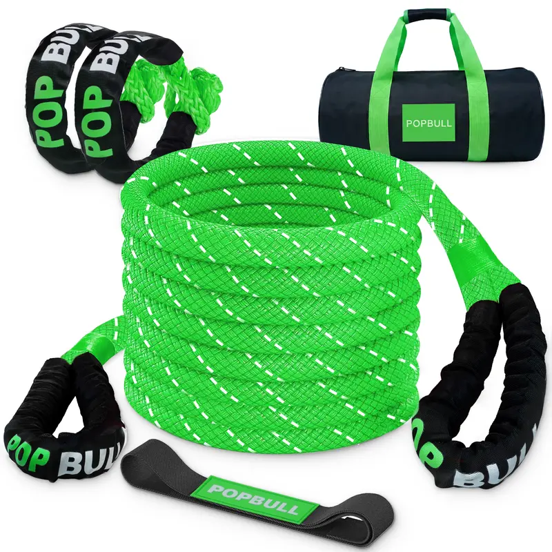 Kinetic Recovery Rope,(1in x 30ft Green) 48000lbs Snatch Strap, Heavy Duty Stretch Nylon Towing Ropes with 2pcs Soft Shackles for Offroad Vehicle, Jeep, SUV, ATV, Tractor Elastic Ropes Kit
