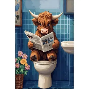 1PCS Cute Highland Cow Reading Newspaper on Toilet Diamond Painting Kit for Adults Kids DIY Wall Decor