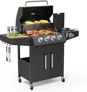 ROVSUN 4 Burner Propane Gas Grill with Side Burner, 58,000BTU BBQ Grills with Enameled Cast Iron Grates, Shelf & Cabinet for Outdoor Garden Patio Backyard Barbecue Cooking