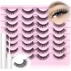Natural False Eyelashes with Eyelash Glue, Soft Lashes, 16 Pairs Wispy Faux Eyelash Clusters Extensions Lashes, Natural Curling Eye Makeup Strip Lashes for Lashes Extensions, Cosmetic