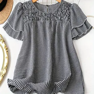 Women's plus size short sleeved checkered shirt summer casual round neck outdoor work top
