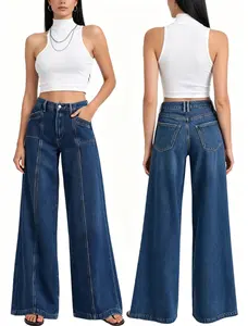 European and American women's fashion patchwork dark blue wide leg high waist jeans