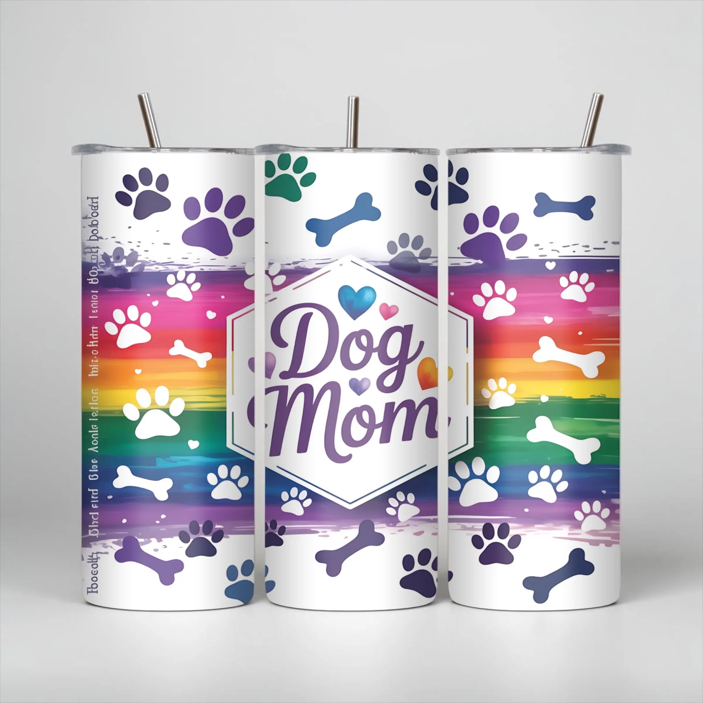 20oz Reusable Stainless Steel Insulated Skinny Tumbler - Dog Mom Travel Mug for Mother’s Day, Hand Wash Only, Heat Resistant Portable Coffee Flask with Lid, Bright Rainbow Paw Print Design, Straw, Colorful Personality