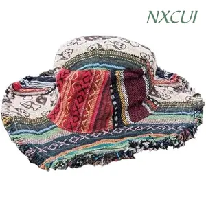 NXCUI Vintage Ethnic Bucket Hat for Men Women, Handwoven Patchwork Sun Hat with Frayed Edge, Lightweight Beach Hat for Summer