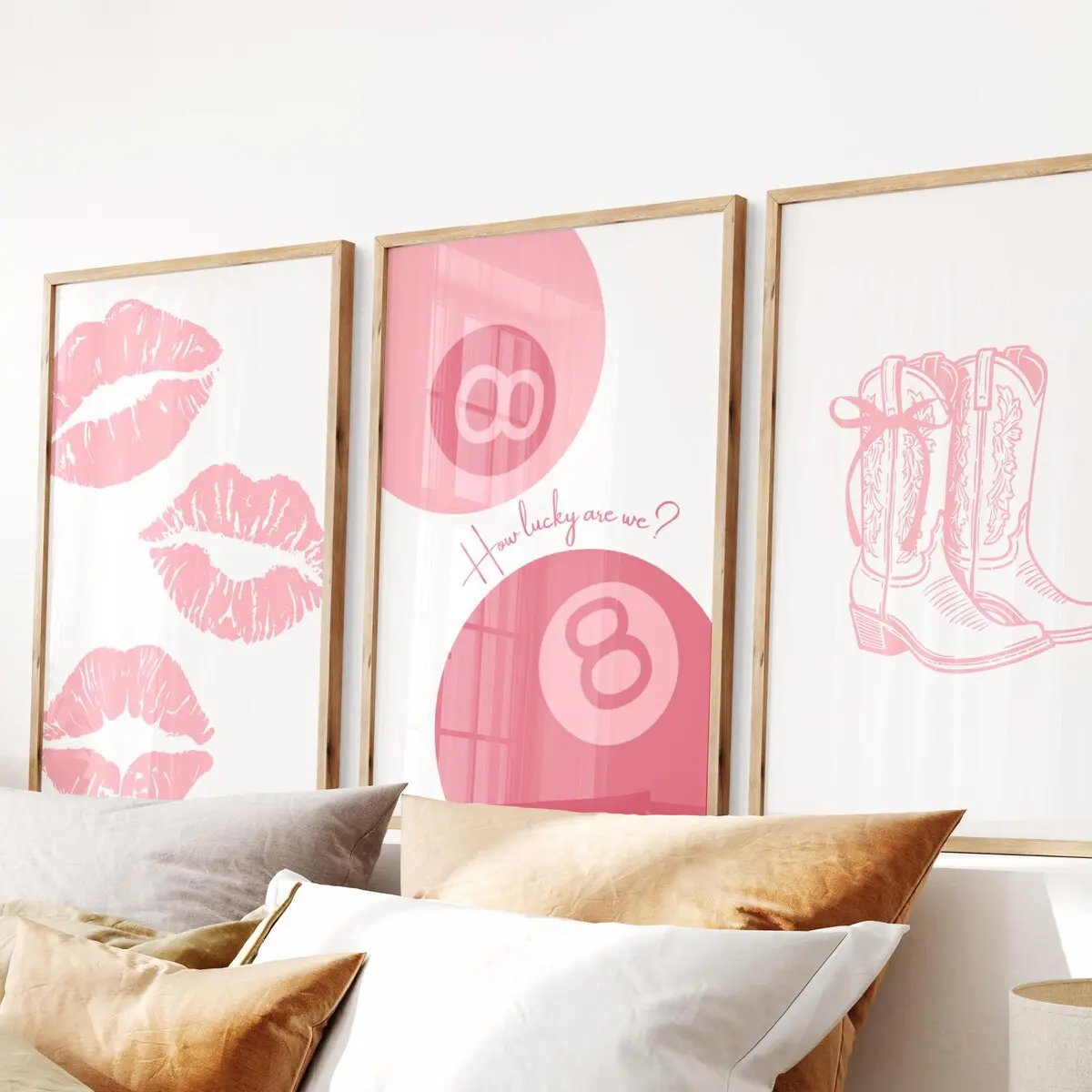 Trendy Kisses Wall Art, Set of 3, Cute Aesthetic Art, Coquette Bow Cowgirl Boots, How Lucky Are We, Preppy Dorm Decor, Lucky 8 Ball Print, Room Decor, Unframed