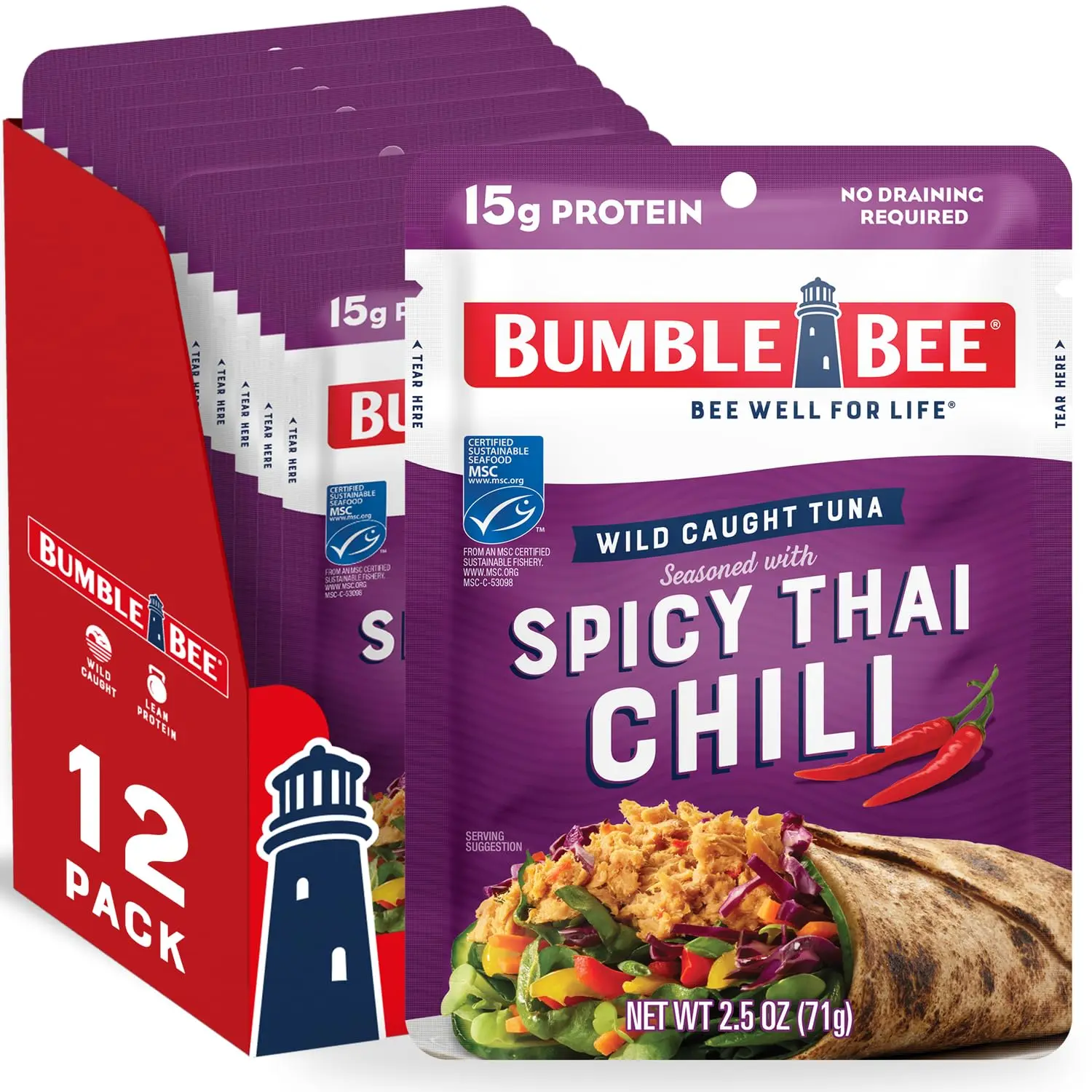 Spicy Thai Chili Seasoned Wild Caught Tuna Pouches - Ready to Eat, 15g Protein, Gluten Free, 2.5 oz, 12 Pack