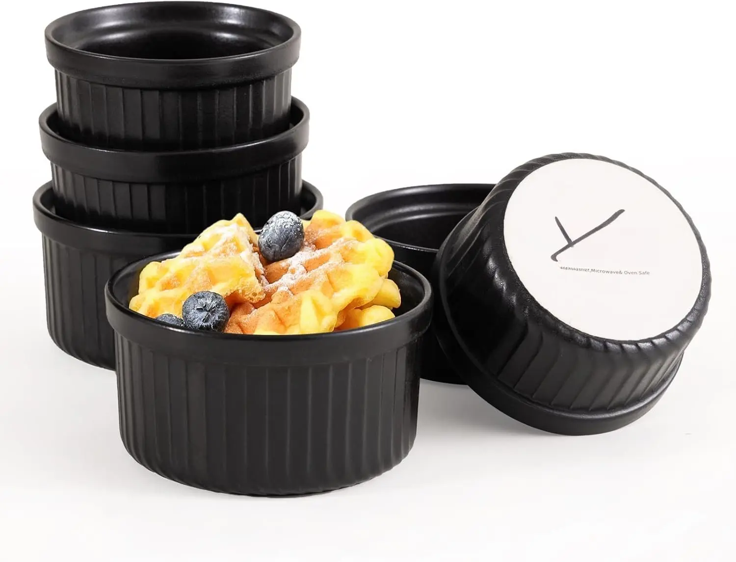Ramekins Black, 4 oz 6 count Ceramic Baking Ramekin Set of 6 Stoneware Bakeware Serving for Sauces Dipping Onion Soup Lava Cake Flan Creme Brulee Kit Pudding Mini Custard Ramekins Oven Safe Mini Custard Cups small Bowls for Souffle Halloween