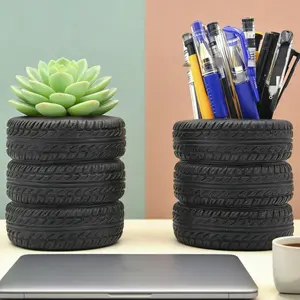 Car Theme Desktop Organizer Box, Tire-Shaped Pen Holder & Succulent Plant Pot, Desk Decoration Gift for Mechanics, Cactus & Succulent Pen Holder