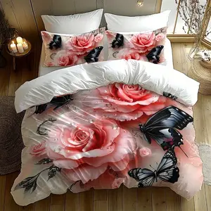 Rose Butterfly Print Bedding Set, Soft Comfortable Fabric, Includes 1 Fitted Sheet and 2 Pillowcases, Perfect for Bedroom, Bed Sheet Sets
