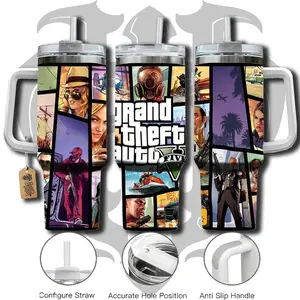 HardTimesMerch - Grand Theft Auto V #1 40oz Handle Tumbler Stainless Steel Travel Mug, Game Inspired Vacuum Insulated Cup, Large Iced Coffee Tumbler, Manga Fighter Drinkware, Gamer Gift for Him Her