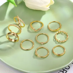 10 Pack & Piece Gold Rings for Women & Girls - Diamond Cross Design