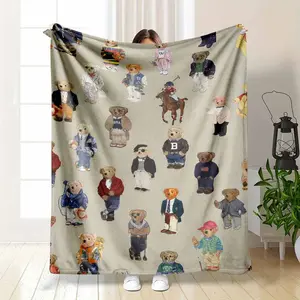 Teddy Bear Preppy Style Bear Print Flannel Blanket, Ultra-Soft Cozy Throw with Cute Bear Pattern, Warm Bed Couch Sofa Blanket for Bedroom and Home Office, Relaxing Gift for Birthday Holiday Anniversary