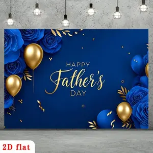 2D Flat Banner Polyester Photography Backdrop, HD Digitally Printed with Blue Roses, Golden Balloons, and "Happy Father's Day" Text, Soft Lightweight Foldable Background Cloth for Father's Day Celebrations, Party Decorations, Stud