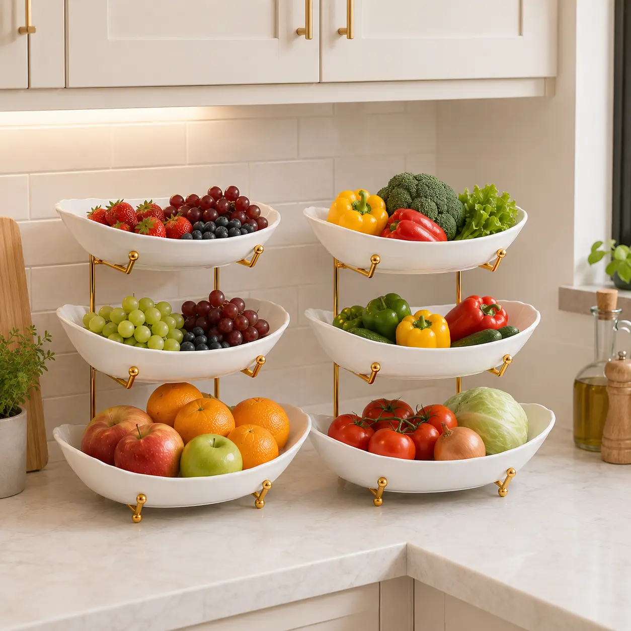 3-Tier Fruit Bowl Set with Metal Stand, Available in Plastic or Ceramic Bowls, Large Capacity Countertop Organizer for Fruits, Snacks & Nuts