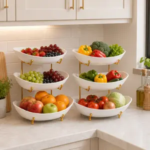 3-Tier Fruit Bowl Set with Metal Stand, Available in Plastic or Ceramic Bowls, Large Capacity Countertop Organizer for Fruits, Snacks & Nuts