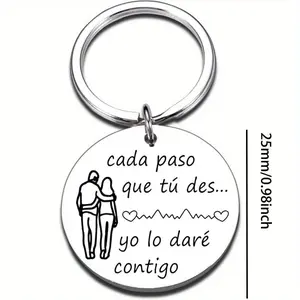 2pcs Valentine's Day Stainless Steel Round Keychain with Romantic Spanish Quote - Love Themed Carabiner Key Ring for Decoration, Anniversary Gift - Durable, Single Piece Alphabetic & Heart Design Keyring for Women Leashes Collars