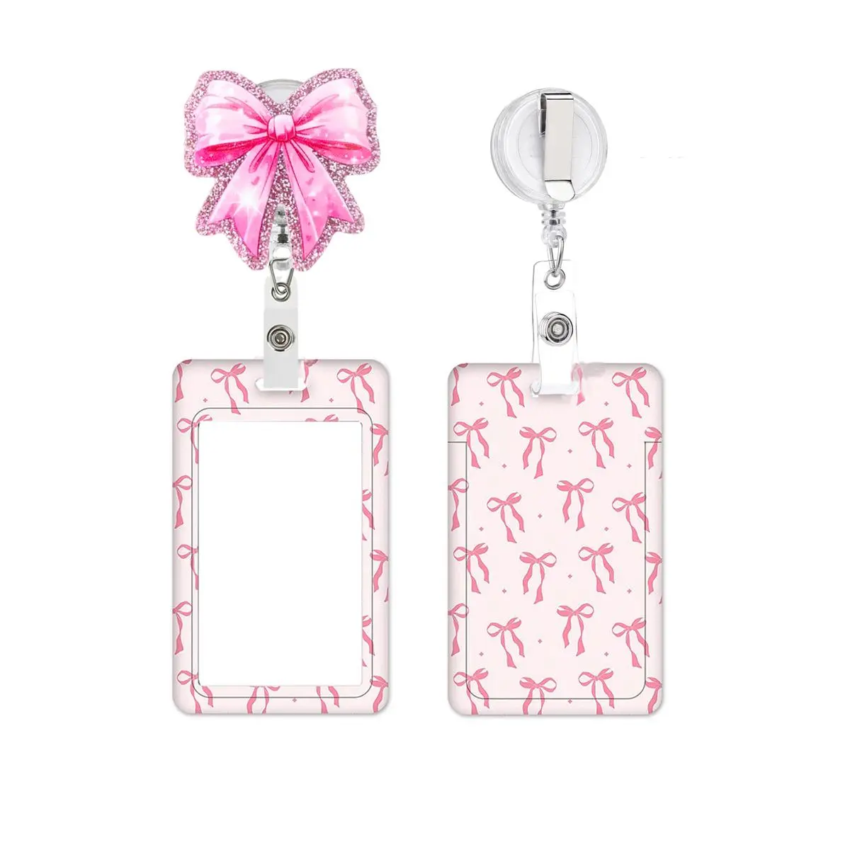 Bow Pattern ID Badge Holder Set, Premium Decorative Badge, Cute Badge Reel, Badge Reels Retractable, Id Badge Holders Retractable, 1 Count Retractable Badge Reel with Card Protector, Identification Badges & Supplies for Office Worker