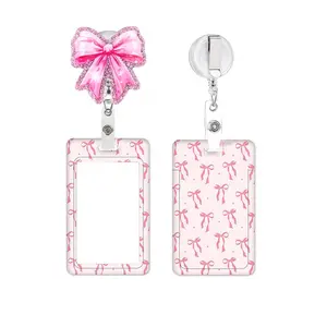 Bow Pattern ID Badge Holder Set, 1 Count Retractable Badge Reel with Card Protector, Identification Badges & Supplies for Office Worker