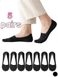 5 pairs of women's invisible boat socks, lightweight ice silk socks, anti slip stable heel, breathable low top high heels socks, simple design, Minimalist socks, silicone anti slip grip zone, breathable half tube ankle socks