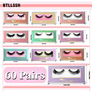 BTLLSSH 60 Pairs of False Eyelashes Russian Curly Strip Eyelashes Mix 10 Curly Natural Mink Hair Cross Thick Cat Eye Eyelashes Combination Cosmetics Makeup