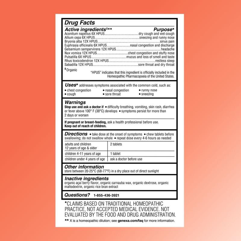 Genexa Cold Crush | Multi-Symptom Cough & Cold Relief for Adults | Delicious Organic Acai Berry Flavor | Certified Organic & Non-GMO | Homeopathic Remedy Made Clean | Chewable Tablets