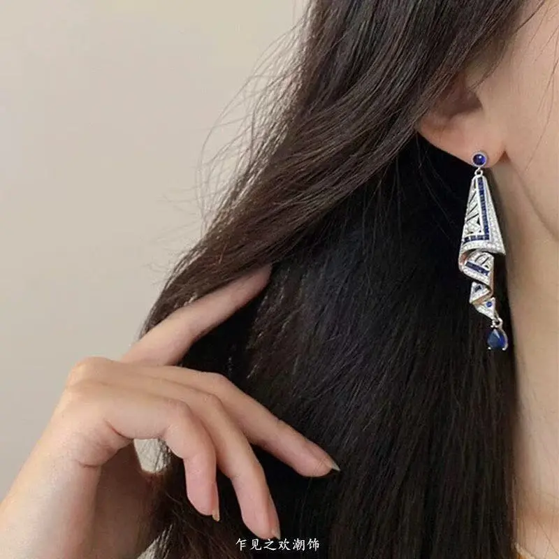 Blue Ribbon Design Dangle Earrings with Crystal Pave, Long Elegant Statement Jewelry for Women's Daily Wear, Daily Wear Earrings