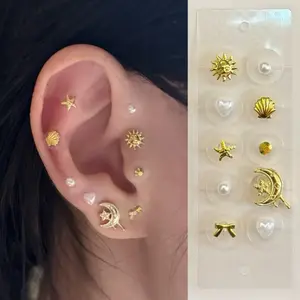 LuluPop Ocean Style Ear Seeds Jewelry Sticker | Acupressure Non-Pierced Earring Studs | Gold Shell Star Moon Pearl Designs clip-on earring, ear seed patches, ear Seeds patches