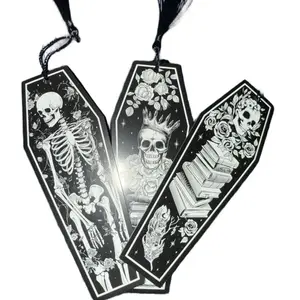 Gothic Bookmarks - Black Design with Skeleton, Crown, and Floral Elements, Ideal for Book Lovers and Book Enthusiasts