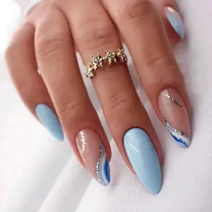 24pcs Almond Shape Light Blue French Nail Tips Set, Sparkling Diamond Lines, Versatile Style, Perfect for Daily Commute or Dates