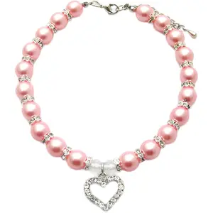 Designer Fancy Engraved Crystal Heart Pet Cat Dog Necklace Jewelry with Bling Pearls Rhinestones Charm Pendant for Pets Cats Small Dogs Female Puppy Chihuahua Yorkie Costume Outfits