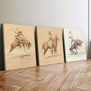 3 count wooden frame canvas, Western cowboy horse scene triple poster Vintage Prints, vintage figure decoration, fashion decoration, modern family poster, beautifully printed mural, suitable for living room and corridor wall art, HD, waterproof, art
