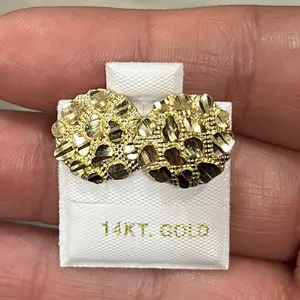 14k SOLID gold round nugget earrings 13mm long