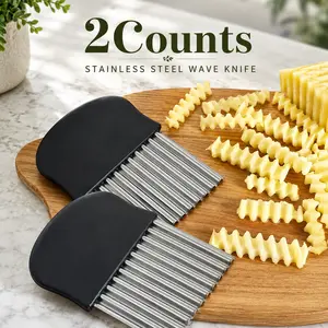 2 Counts Non-Slip Silicone Handle Crinkle Cutter, Potato Slicing Gratin & Casserole Cooking, Stainless Steel Wavy Vegetable Chopping Tool, Sharp Uniform Wave Cut Labor-Saving Kitchen Gadget