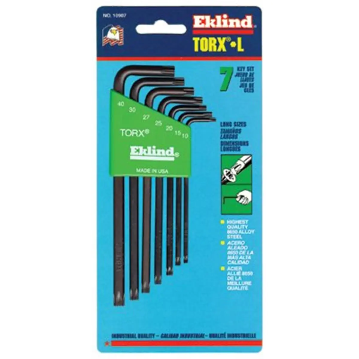 212 MAIN Eklind Tool 269-10907 7-Piece Torx Long Allen Wrench Set, T-10-T-40 Torx System, L-Handle Grip, Long Wrenching Capability, with Holder