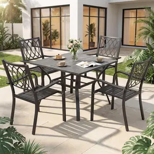 5 Pieces of Outdoor Matel Dining Set - Square Patio Table with Umbrella Hole and 4 Stackable Heavy-Duty Iron Dining Chairs All-Weather for Garden, Deck, and Poolside （Black）