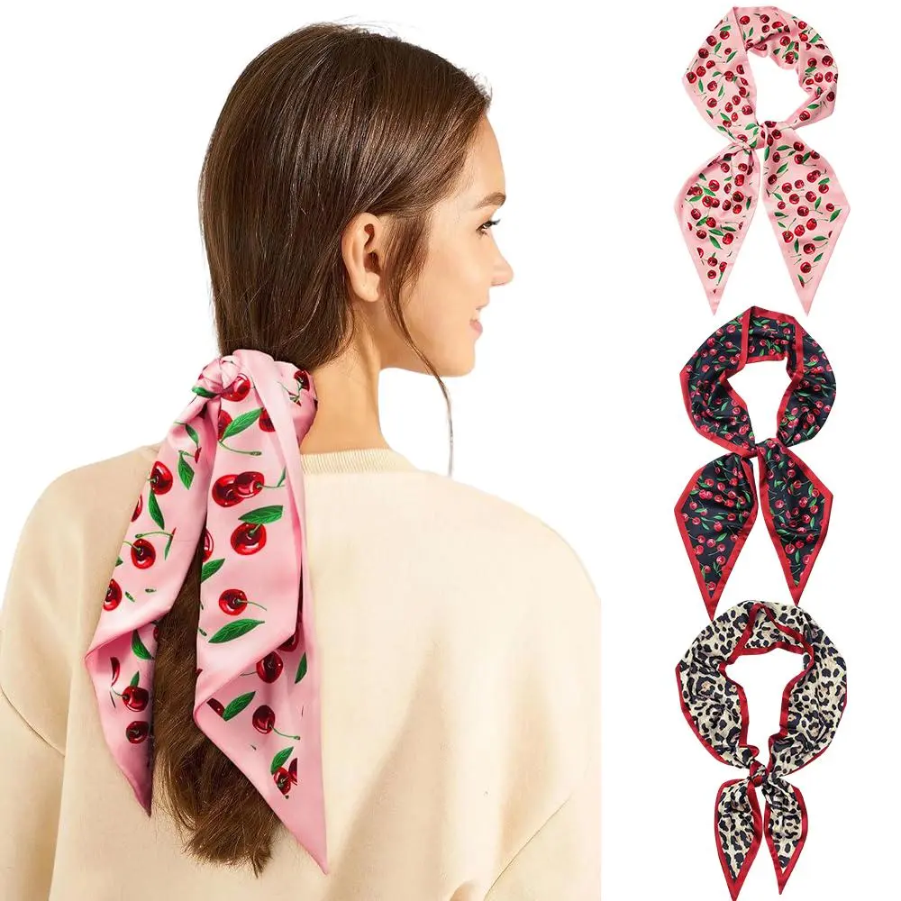 AWAYTR Fashion Cherry Leopard Print Head Scarf Hair Neck Scarves for Women Purse Bag Scarfs Long Thin  Headscarf Headbands