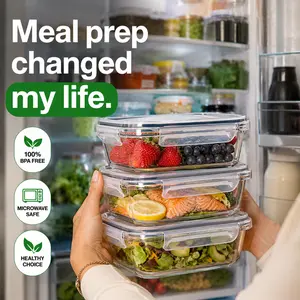 Premium glass food storage containers, 3-pack, stackable square design with airtight lids; rectangular shape; oven-, microwave-, and freezer-safe; durable at high temperatures; kitchen utensils #SummerVibes