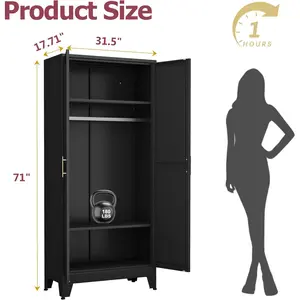Metal Wardrobe Cabinet with Hanging Rod, 71" Metal Clothing Storage Cabinets with 2 Doors and Adjustable Shelves, Black Armoire Wardrobe Closet for Bedroom, Laundry Room, Cloak Room