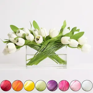 Real Touch Tulip Spring Floral Arrangement in Oval Glass Vase - 8 Color Options Available