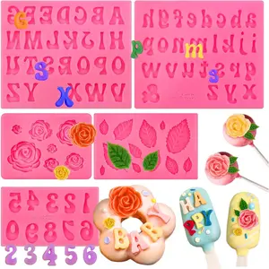 5 Pcs Silicone Letter Number Molds Rose Leaves Silicone Mold Alphabet Number Mold for Chocolate Fondant Candy Cake Decoration Cupcake Topper Dessert Gum Paste Polymer Clay