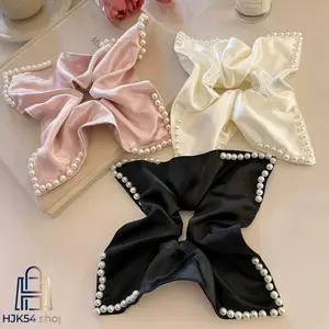 3PCS Satin Pearl Scrunchies, Elegant Square Hair Scarf Scrunchies with Faux Pearls, Silky Satin Hair Ties for Women, Vintage Ponytail Holders for Bridal, Daily & Party Hairstyles