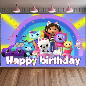 Cartoon Anime Gabby Dollhouse Happy Birthday Banner Backdrop Party Photography Background Poster Wall Art Outdoor Home Decor Party Supplies