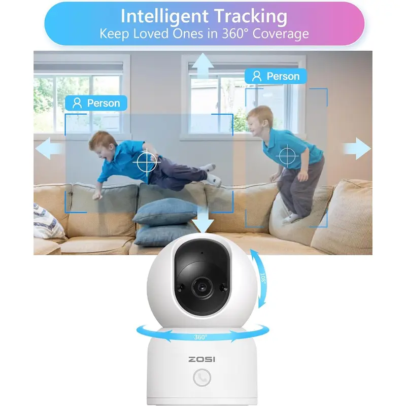 ZOSI C518 3MP 2K Indoor Pan-Tilt Smart Home Security Camera - Corded Power, Plug-and-Play, 2.4G/5G Dual-Band Wi-Fi, Phone App Control, Night Vision, Person Detection, 2-Way Audio, Cloud & Local Storage, 2-Year Guarantee