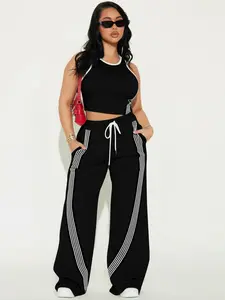Two piece set of European and American cross-border fashion women's casual Fit sleeveless Knit cropped top and sports pants set Summer