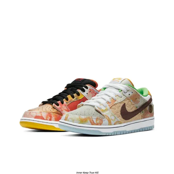 Retro Art Style Mismatched 2-Pair Watercolor Print Low-Top Skate Sneakers, Brown Side Logo, Dual-Color Midsole, Street Casual Walking Shoes for Men (Sports Collectibles Accessory)
