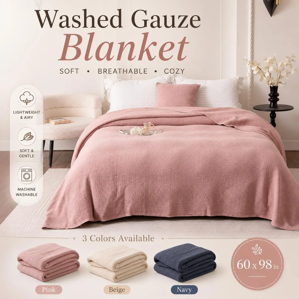100% Cotton Washed Gauze Blanket 60 x 98 in Soft Lightweight Breathable Textured Bed Blanket for Sofa Couch and Bedroom Pink Beige Navy